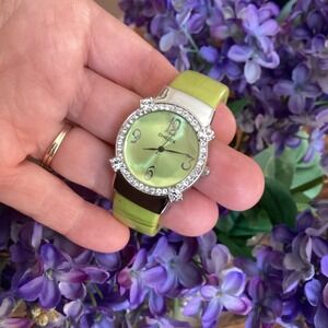 Chico's Rhinestone Faux Green Leather Cuff Bracelet‎ Women's Watch Needs Battery